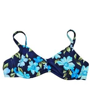 Lands end blue floral tropical print lined not padded underwire bikini top 34B/C